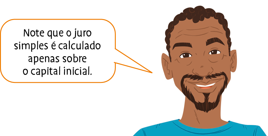 Ilustração. homem de cabelo curto, cavanhaque e camiseta azul. Ele fala: Note que o juro simples é calculado apenas sobre o capital inicial.