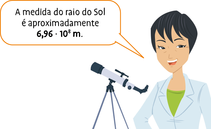 Ilustração. Mulher de cabelo preto e curto, jaleco branco, fala: A medida do raio do Sol é aproximadamente 6,96 vezes 10 elevado a 8 m.