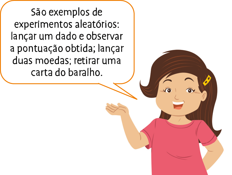 Ilustração. Menina de cabelo castanho e camiseta rosa. Ela diz: 'São exemplos de experimentos aleatórios: lançar um dado e observar a pontuação obtida; lançar duas moedas; retirar uma carta do baralho.'