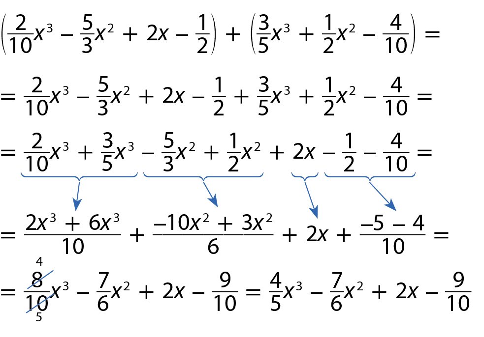 Abre parenteses, 2 décimos vezes x ao cubo, menos 5 terços vezes x ao quadrado, mais 2x menos 1 meio, Fecha parenteses. Mais. Abre parenteses, 3 quintos vezes x ao cubo, mais, 1 meio vezes x ao quadrado, menos 4 décimos, Fecha parenteses, igual a. Igual a, 2 décimos, vezes x ao cubo, menos, 5 terços vezes x ao quadrado, mais 2x, menos 1 meio, mais, 3 quintos vezes x ao cubo, mais, 1 meio vezes x ao quadrado, menos 4 décimos, igual a. Igual a, 2 décimos vezes x ao cubo, mais, 3 quintos vezes x ao cubo, menos, 5 terços vezes x ao quadrado, mais, 1 meio vezes x ao quadrado, mais 2x, menos 1 meio, menos 4 décimos, igual a. Igual a, fração, numerador 2 vezes x ao cubo, mais 6 vezes x ao cubo, denominador 10, fim da fração mais, fração, numerador menos 10, vezes x ao quadrado, mais 3 vezes x ao quadrado, denominador 6, fim da fração mais 2x, mais, fração, numerador menos 5 menos 4, denominador 10, igual a. Igual a, 8 décimos, vezes x ao cubo, menos, 7 sextos vezes x ao quadrado, mais, 2x menos 9 décimos, igual a, 4 quintos vezes x ao cubo, menos 7 sextos vezes x ao quadrado, mais 2x, menos 9 décimos.