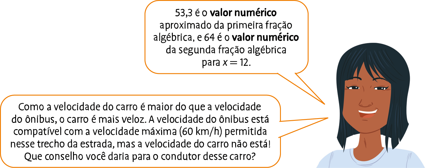 Ilustração. Garota de cabelo preto liso e camiseta branca. Ela fala: 53,3 é o valor numérico aproximado da primeira fração algébrica, e 64 é o valor numérico da segunda fração algébrica para x igual a 12. Como a velocidade do carro é maior do que a velocidade do ônibus, o carro é mais veloz. A velocidade do ônibus está compatível com a velocidade máxima (60 quilômetro por hora) permitida nesse trecho da estrada, mas a velocidade do carro não está! Que conselho você daria para o condutor desse carro?