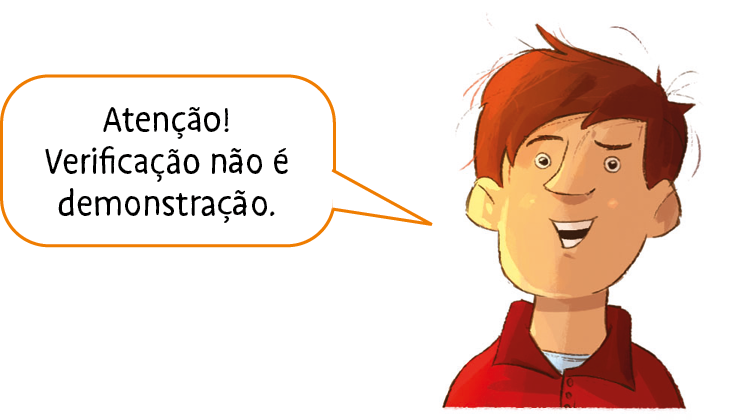 Ilustração. Garoto de cabelo ruivo e camisa vermelha. Ele fala: Atenção! Verificação não é demonstração.