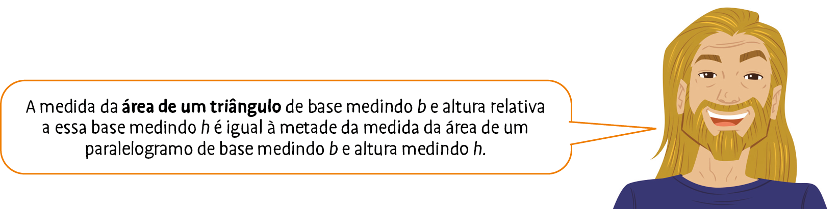 Ilustração. Homem de cabelo comprido claro, barba e camiseta azul diz: A medida da área de um triângulo de base medindo b e altura relativa a essa base medindo h é igual à metade da medida da área de um paralelogramo de base medindo b e altura medindo h.