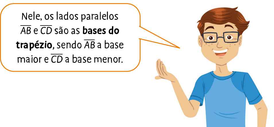 Ilustração. Jovem de cabelo castanho, óculos quadrado e camiseta azul com um balão de fala. No balão: Nele, os lados paralelos AB e CD são as bases do trapézio, sendo AB a base maior e CD a base menor.