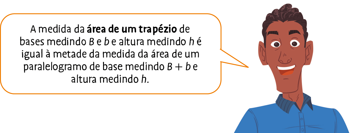 Ilustração. Homem de cabelo preto e camisa azul fala: A medida da área de um trapézio de bases medindo B e b e altura medindo h é igual à metade da medida da área de um paralelogramo de base medindo B + b e altura medindo h.