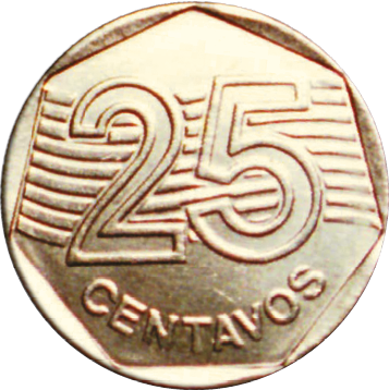 Fotografia. Moeda dourada de 25 centavos.