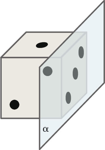 Ilustração. Um dado cúbico, com a face de um ponto para cima, a face de dois pontos voltada para frente e na lateral direita a face de três pontos. Um plano alfa à direita que contém a face de três pontos.