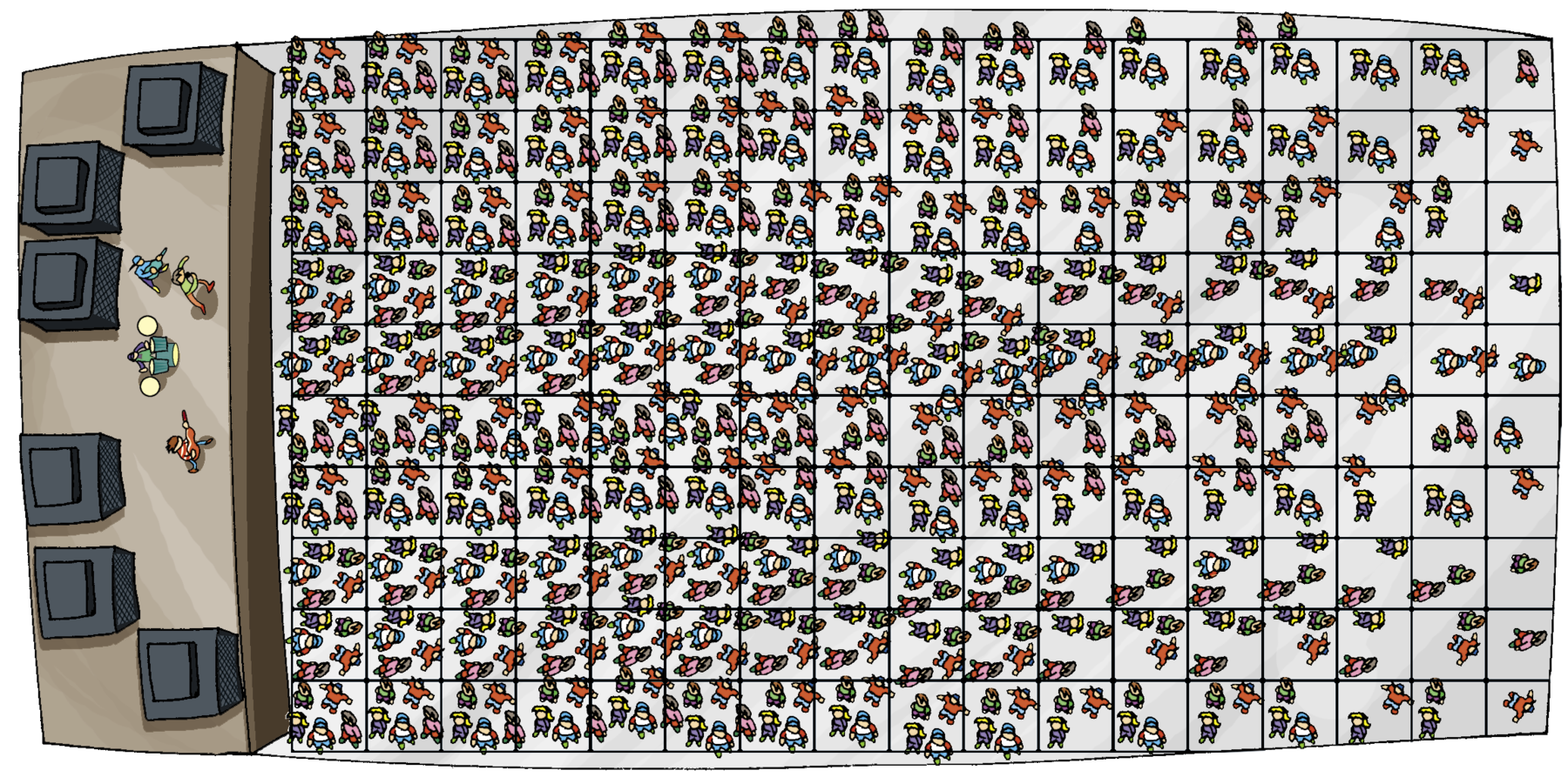 Ilustração. Vista aérea de um palco e de aglomerado de pessoas. À esquerda, o palco. À direita, aglomerado de pessoas em área dividida por ladrilhos formando 10 linhas e 17 colunas. As 7 primeiras colunas apresentam aproximadamente 5 pessoas por ladrilho. As 3 colunas seguintes apresentam aproximadamente 4 pessoas por ladrilho. As 4 colunas seguintes apresentam aproximadamente 3 pessoas por ladrilho. As 2 colunas seguintes apresentam aproximadamente 2 pessoas por ladrilho. E a última coluna apresenta aproximadamente 1 pessoa por ladrilho.