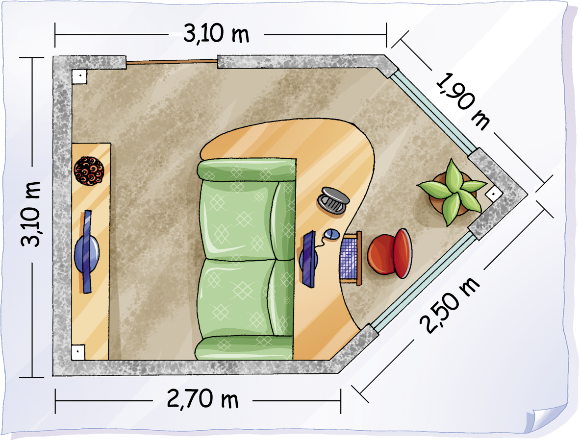 Ilustração. Projeto de um escritório com formato pentagonal. Na parede esquerda, há um móvel com televisão. No centro, há um sofá verde e na parede direita, uma mesa com cadeira e um vaso. O comprimento da parede da esquerda é de 3,10 metros de altura, dela seguem-se dois dos vértice dessa parede seguem duas outras paredes que formam um ângulo reto com essa parede. A de cima medindo 3,10 metros e a de baixo medindo 2,70 metros. E ao final da parede de 3,10 metros terá uma nova parede de 1,90 na diagonal e ao final da parede de 2,70 uma parede de 2,50 que irá se unir com a parede de 1,90 metro.