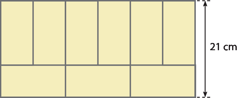 Ilustração. Retângulo com 21 centímetros de altura. O retângulo está dividido em 3 partes. Em cada parte, dividido em outra 3 partes.