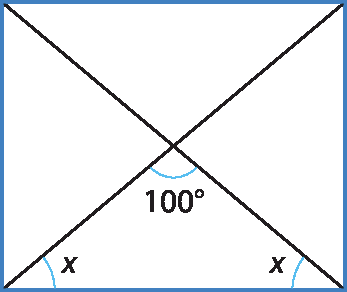 Ilustração. Retângulo com as suas duas diagonais destacadas. Na triângulo inferior, os ângulo internos da base medem x grau cada um e o outro ângulo interno mede 100 graus.