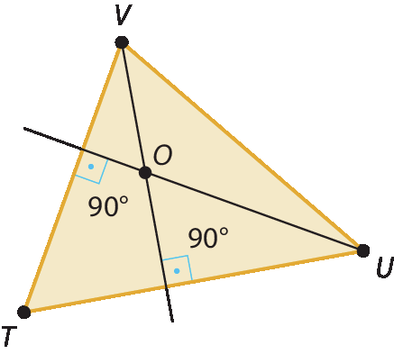 Ilustração. Triângulo T U V com diagonal de U até lado V T e reta de V até lado T U. As retas se cruzam no centro em O.