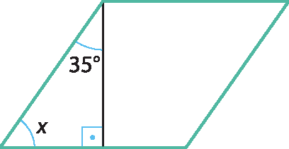 Ilustração. Paralelogramo com um segmento que parte de um vértice de um dos lados para o lado oposto, formando um triângulo retângulo. O ângulo interno, não reto, na base do triângulo mede x grau. O outro ângulo interno do triângulo mede 35 graus.