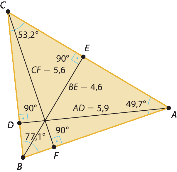 Ilustração. Triângulo A B C. De A, segmento de reta até o lado BC, chegando no ponto D. De B, segmento de reta até o lado A C, encontrando o ponto E. De C, segmento de reta até lado A B, encontrando o ponto F. OS ângulos são: A: 49,7 graus. B: 77,1 graus. C: 53,2 graus. As medidas são: AS: 5,9. BE: 4,6. CF: 5,6. ângulo de 90 graus em E, D e F.