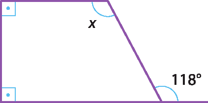 Ilustração. Trapézio retângulo, com dois ângulos retos e um ângulo obtuso, acima, com medida de x grau. No canto inferior direito, ângulo externo de medida 118 graus.
