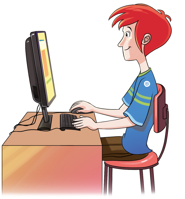 Ilustração. Vista de lado de menino de cabelo vermelho, camiseta azul sentado na frente de um computador sobre a mesa.