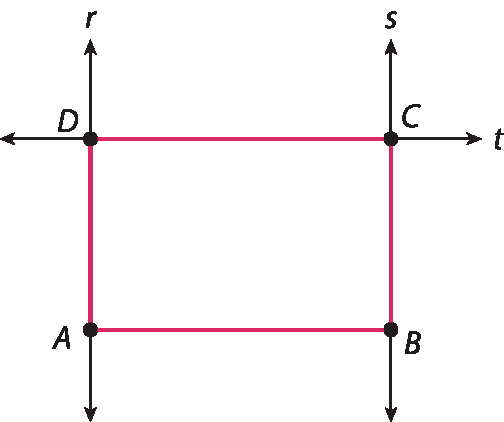 Ilustração. Retas verticais paralelas. Reta r com ponto D e abaixo, ponto A. Reta s com ponto C e abaixo, ponto B. Reta t na horizontal passa em C e D. Segmento de reta de A até B.  Destacado o retângulo  A B C D