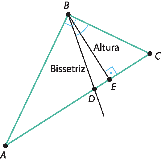 Ilustração. Triângulo A B C. De B, bissetriz até lado A C, encontrando ponto D; de B, segmento de reta até lado A C com ângulo reto e encontrando o ponto E, esse segmento é a altura.