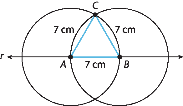 Esquema. Reta horizontal r com ponto A e ponto B. Ponto A é centro de uma circunferência. Ponto B é centro de outra circunferência. Elas se encontram em C onde formam um triângulo com A e B com medida de 7 centímetros cada até C. A medida A B é 7 centímetros.