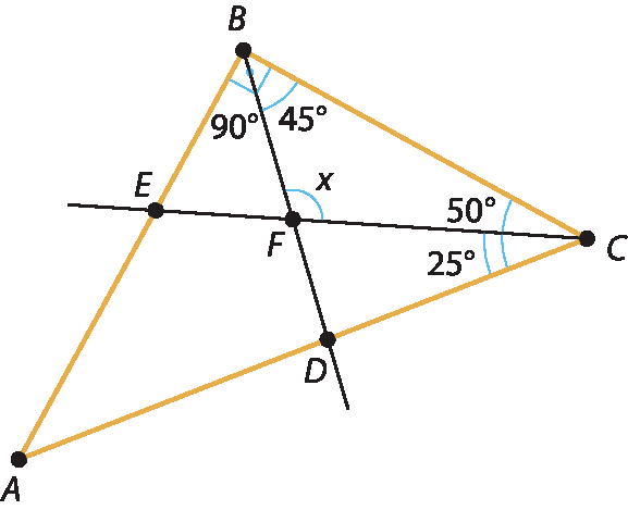 Ilustração. Triângulo A B C. De C, segmento de reta até lado A B, encontrando ponto E. De B, segmento de reta até lado A C, encontrando o ponto D. No centro, ponto F, de interseção entre os segmentos de reta que partem dos vértices B e C. Ângulo B C F com medida 50 graus. Ângulo C B F com medida 45 graus. Ângulo B F C com medida x grau. Ângulo A B C com medida 90 graus. Ângulo D C F com medida 25 graus.