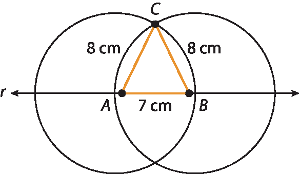 Esquema. Reta horizontal r com ponto A e ponto B. Com centro no ponto A há uma circunferência. Com centro no ponto B, há outra circunferência. Elas se encontram em C onde formam um triângulo com A e B com medida de 8 centímetros cada até C. A medida AB é 7 centímetros.