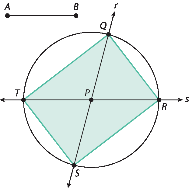Ilustração. Circunferência com retângulo dentro. Reta r com ponto Q e S e reta s com ponto T e R se cruzam no centro da circunferência no ponto P.
Os pontos Q R S T pertencem à circunferência