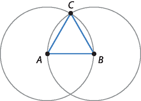 Ilustração do passo 2. Duas circunferências uma com centro em A outra em B. Na intersecção, ponto C. Triângulo ABC está representado.
