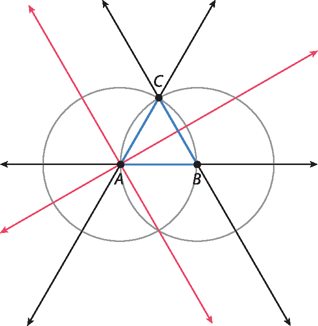 Ilustração. 
Na ilustração do passo 2, são acrescentadas duas retas diagonais vermelhas que se cruzam em A. Reta preta passa em C e A e outra reta preta passa em C e B.