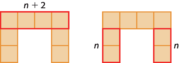 Ilustração. Figura composta por oito quadrados na cor laranja sendo 4 alinhados horizontalmente lado a lado e 2 quadrados alinhados verticalmente abaixo de cada quadrado de ambas as extremidades. Nos quadrados alinhados horizontalmente, destaque e indicado a expressão: n mais 2. Ilustração. Figura composta por oito quadrados na cor laranja sendo 4 alinhados horizontalmente lado a lado e 2 quadrados alinhados verticalmente abaixo de cada quadrado de ambas as extremidades. Em cada conjunto de quadrados alinhados verticalmente abaixo dos quadrados das extremidades, destaque e indicado a expressão: n, à direita e à esquerda.