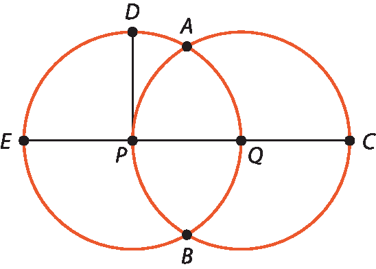 Ilustração. Segmento de reta com pontos E (extremidade esquerda), P, Q e C (extremidade direita). De P, segmento de reta vertical para cima até o ponto D. Circunferência de centro em P, que passa pelos pontos E, D, Q. Outra circunferência de centro em Q, que passa pelos pontos P, C. Nas interseções das circunferências, ponto A acima e ponto B abaixo.