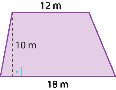 Ilustração. Trapézio com medidas: da base menor, 12 metros; da base maior, 18 metros; e da altura, 10 metros.