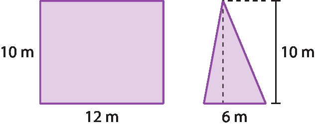 Ilustração. Retângulo com medidas da altura 10 metros e da base, 12 metros. Ao lado, triângulo com base medindo 6 metros e altura medindo 10 metros.