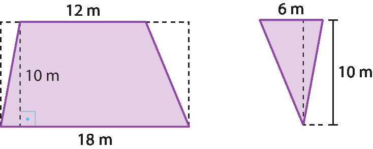 Ilustração. Trapézio com medidas: da base menor, 12 metros; da base maior, 18 metros; e da altura, 10 metros. Ao lado, triângulo virado para baixo, com base medindo 6 metros e altura medindo 10 metros.
