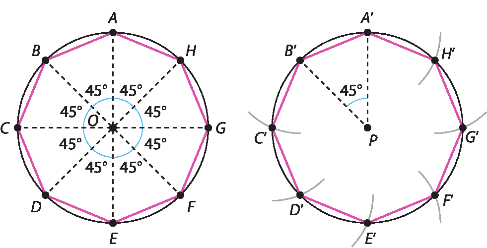 Ilustração. Octógono regular, A B C D E F G H, interno a uma circunferência, com oitos ângulos centrais medindo 45 graus indicados. No centro, ponto O. Circunferência com centro em O passando por A B C D E F G H.  Ao lado, octógono regular, interno a uma circunferência de centro P, com vértices: A linha, B linha, C linha, D linha, E linha, F linha, G linha, H linha. No centro, ponto P. Segmentos de reta tracejados de P até A linha e B linha. Ângulo A linha, P, B linha medindo 45 graus.