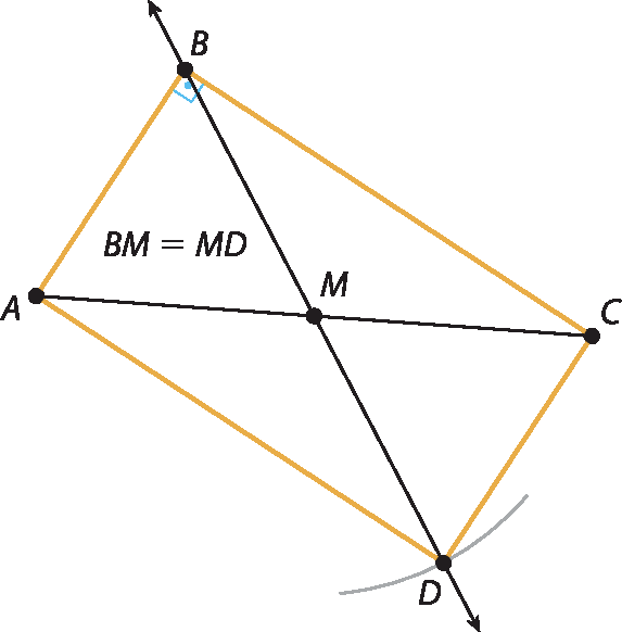 Ilustração. Retângulo A B C D com duas diagonais que se cruzam no centro, em M. Há indicação que a medida do segmento B M é igual à medida do segmento M D.