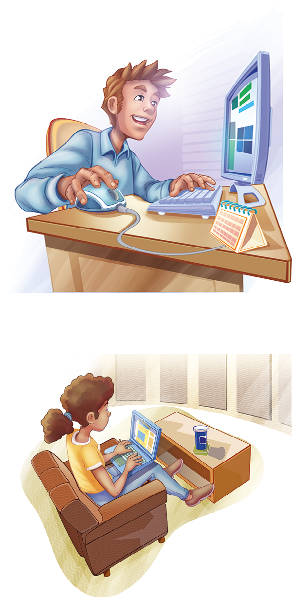 Ilustração. Rapaz de cabelo castanho e camisa azul. Ele está sentado de frente para uma mesa com computador. Ilustração. Moça de cabelo castanho preso, camiseta amarela e calça. Ela está sentada em um sofá com um notebook apoiado sobre as coxas.