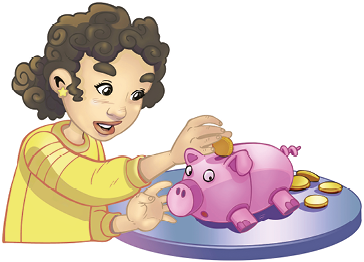 Ilustração. Menina de cabelo castanho e blusa amarela está com moedas na frente de um porquinho rosa.