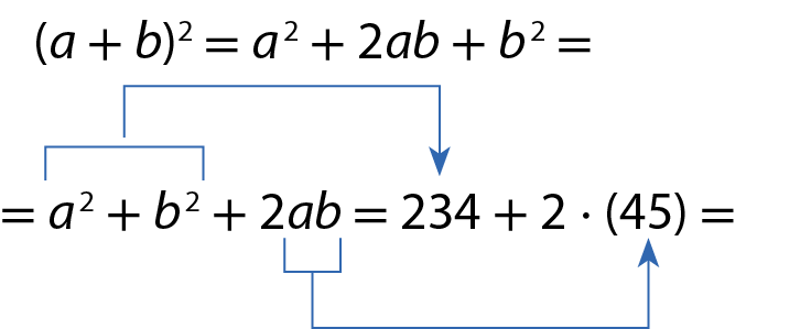 Fatoração de polinômio. O quadrado de a mais b, é igual à: a ao quadrado, mais 2 a b, mais b ao quadrado. Na próxima linha, substituindo os valores, a expressão é igual à: 234 mais 2 vezes 45. Ou seja, é igual à 234 mais 90, que é igual à 324.