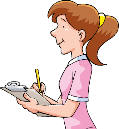 Ilustração. Menina branca, de cabelo castanho e comprido, amarrado em rabo de cavalo com um prendedor amarelo. Usa uma blusa rosa e anota com um lápis em uma prancheta em suas mãos.