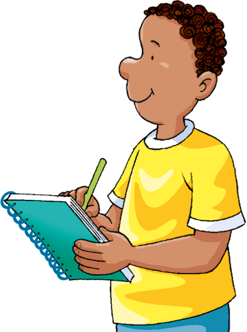 Ilustração. Garoto negro, de cabelos curtos, sorri e olha para o lado. Está usando uma camiseta amarela e fazendo anotações em um caderno.