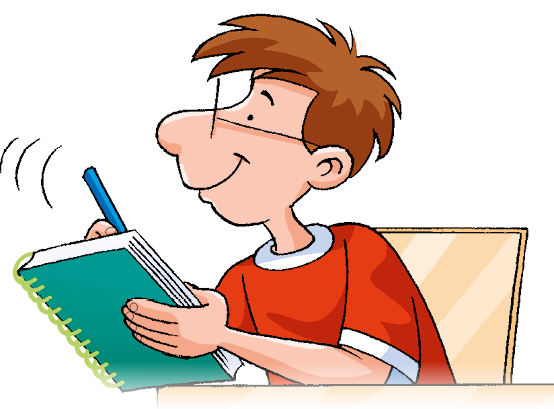 Ilustração. Menino branco de cabelo curto, castanho e espetado, usando óculos de armação fina e camiseta vermelha, faz anotações em um caderno enquanto olha para o lado.
