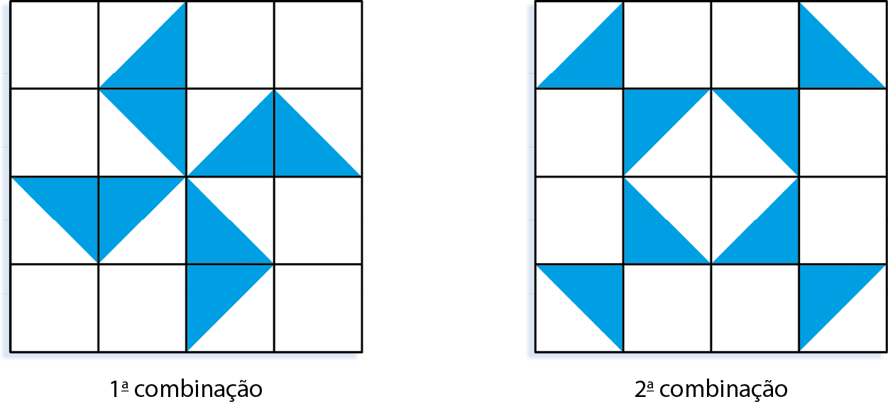 Ilustração. Malha quadriculada de 4 linhas e 4 colunas. 8 quadrados estão preenchidos pela metade formando uma figura com triângulos azuis que lembra um cata-vento. Ilustração. Malha quadriculada de 4 linhas e 4 colunas. 8 quadrados estão preenchidos pela metade formando uma figura que lembra um quadrado azul com um quadrado branco dentro dele e 1 triângulo azul para fora de cada vértice dele .