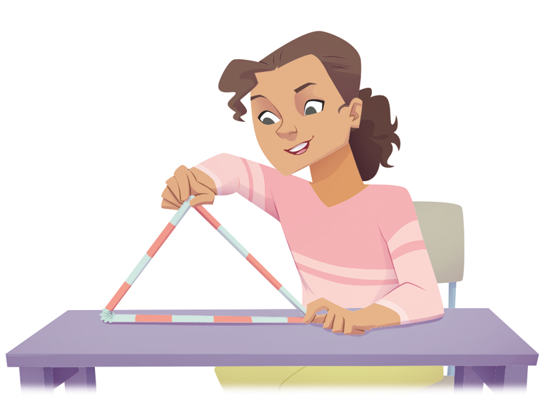 Ilustração. Mulher de cabelo castanho e blusa rosa. Ela segura um triângulo composto por canudos sobre uma mesa.