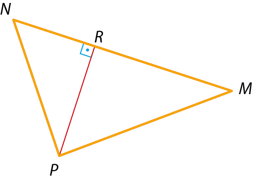 Ilustração. Triângulo M N P. Entre M e N, R. Um segmento liga P e R com marcação de ângulo de 90 graus entre segmento M N e segmento P R.