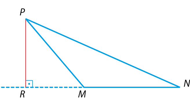 Ilustração. Triângulo M N P. Segmento P R formando ângulo de 90 graus com o prolongamento do lado M N. O ponto R está fora do triângulo.