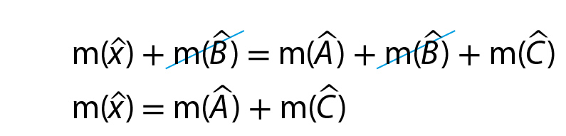 Sentença matemática. Medida do ângulo x mais medida do ângulo B é igual a medida do ângulo A mais medida do ângulo B mais medida do ângulo C. Medida do ângulo x é igual a medida do ângulo A mais medida do ângulo C.