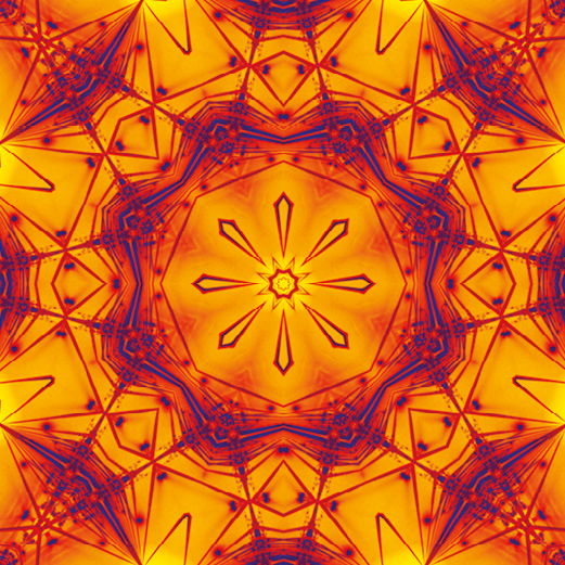 Ilustração. Quadrado com figura octogonal no centro. Ao redor, duas linhas octogonais nas cores: roxo e amarelo.