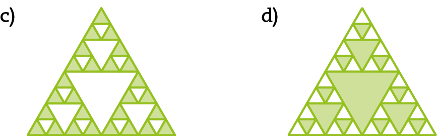 Ilustração. c) Triângulo verde com um triângulo branco invertido no centro, outros 3 invertidos ao redor, cercados por mais 3 triângulos invertidos menores. 
d) Triângulo branco com um triângulo verde invertido no centro, outros 3 invertidos ao redor, cercado por mais 3 invertidos menores.