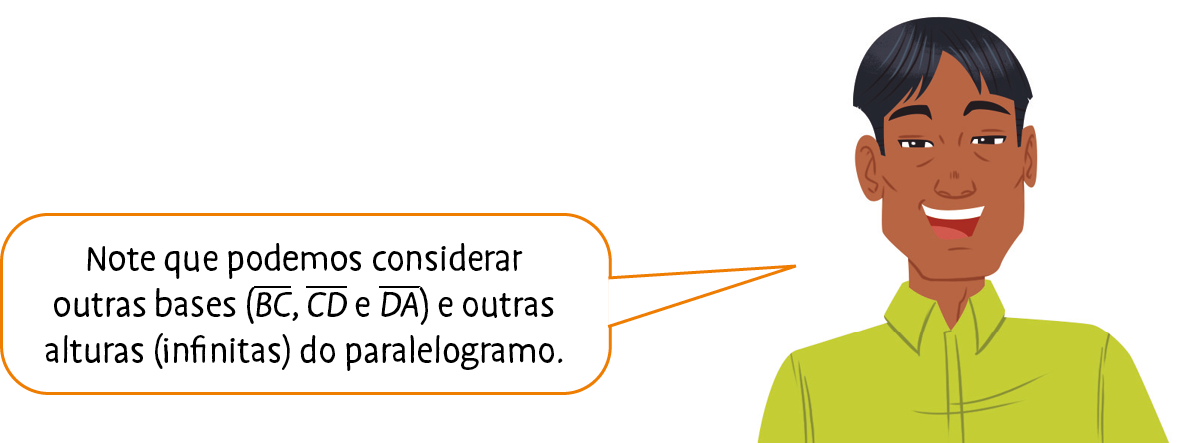 Ilustração. Homem negro, de cabelo preto liso e camisa verde. Ele diz: 'Note que podemos considerar outras bases (segmento de reta BC, segmento de reta CD e segmento de reta DA) e outras alturas (infinitas) do paralelogramo.'