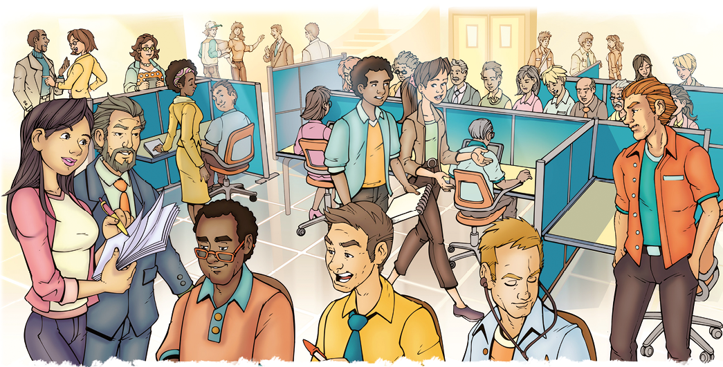 Ilustração. Imagem de um escritório com diversas pessoas, entre homens e mulheres. Alguns estão em pé conversando, outros estão em baias sentados, trabalhando em computadores. Tem algumas pessoas circulando.